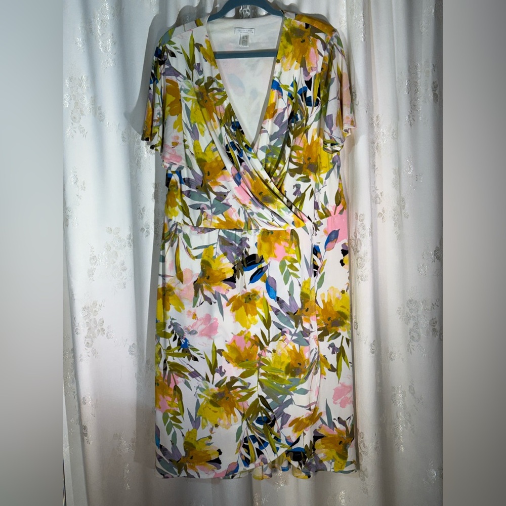 London Times Yellow & Pink Floral Wrap Midi Dress